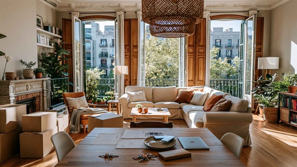 Bright Barcelona apartment interior with moving boxes, rental paperwork, and modern living space for expats relocating to the city