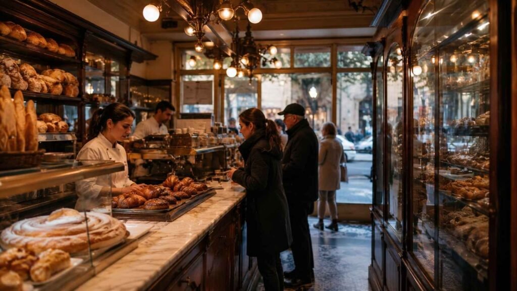 Locals ordering fresh pastries and bread inside a traditional bakery in Barcelona during the early morning