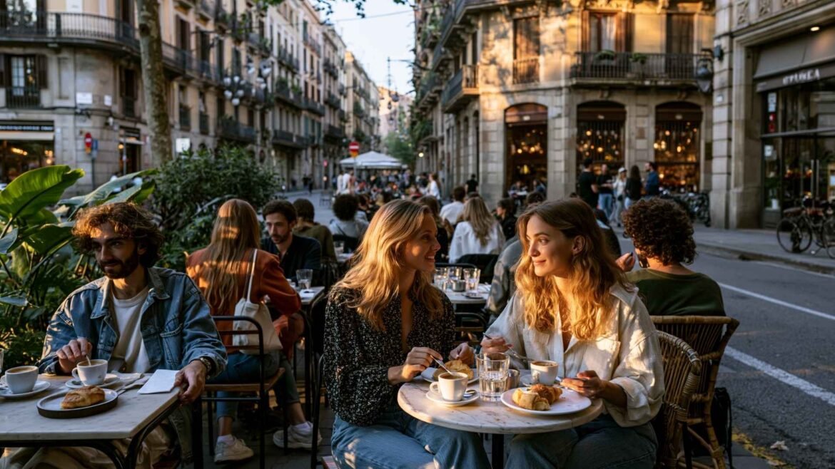 Barcelona breakfast guide showing locals enjoying coffee and pastries at a sunny outdoor café terrace in the city center
