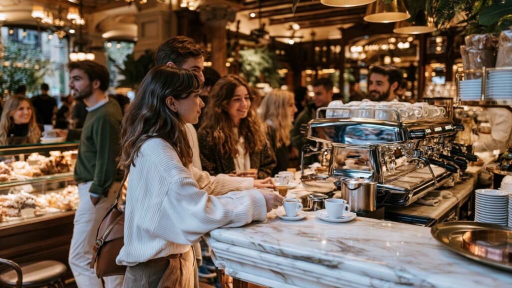 Locals drinking espresso at a traditional coffee bar in Barcelona with marble counter and classic café atmosphere