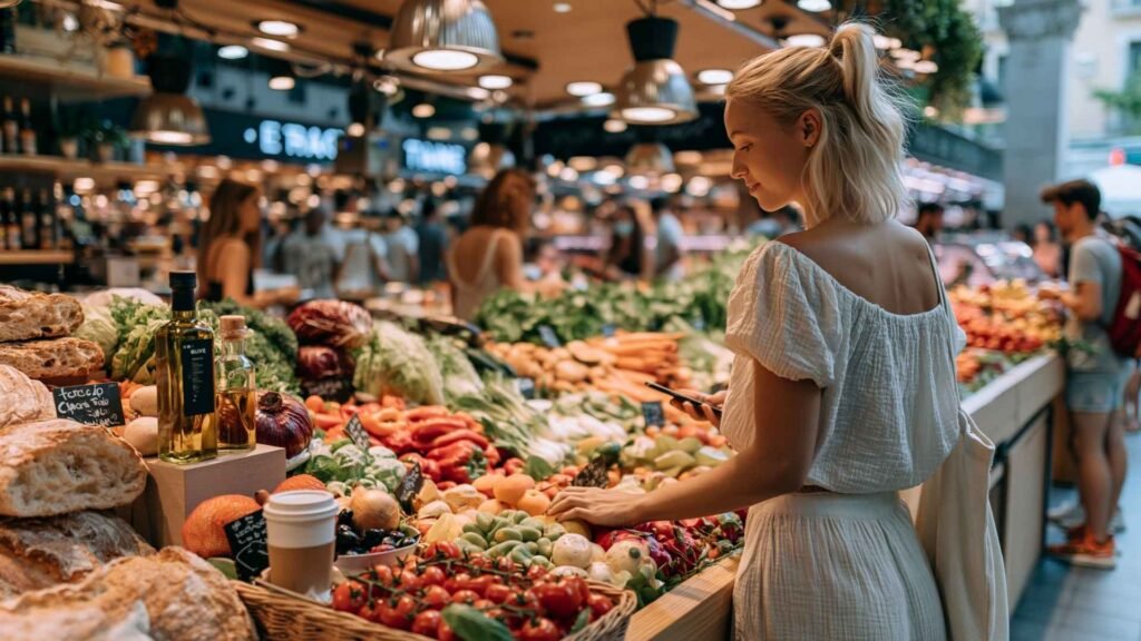 Woman shopping for fresh vegetables and groceries at a local market in Barcelona