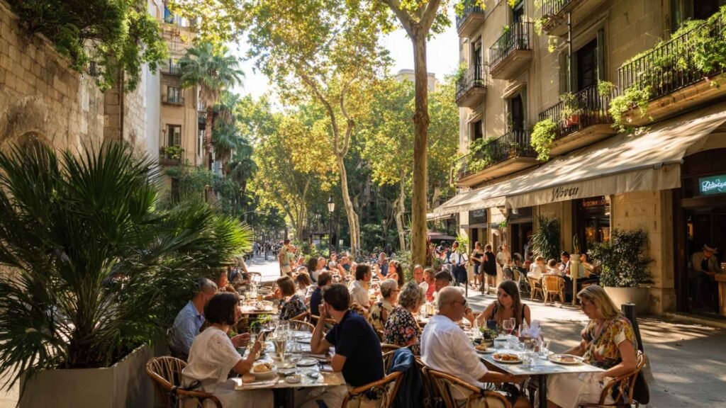 People enjoying a long late lunch at a busy outdoor terrace restaurant in Barcelona surrounded by trees and historic buildings.