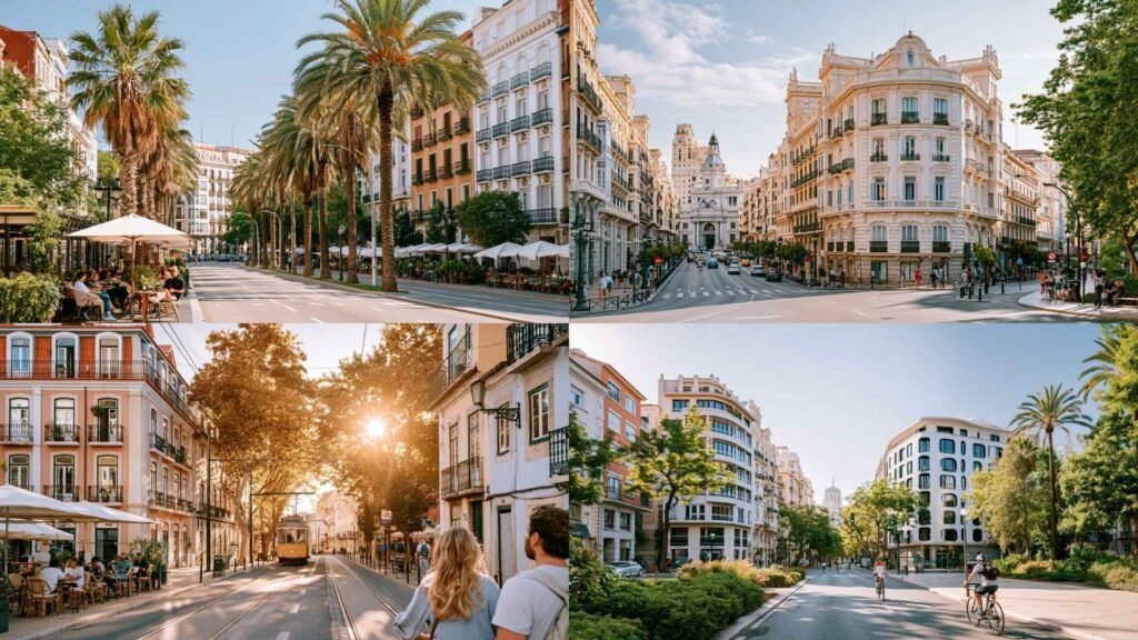 Side-by-side comparison of Barcelona, Madrid, Lisbon, and Valencia showing urban lifestyle, architecture, public spaces, and daily city atmosphere in Southern Europe.