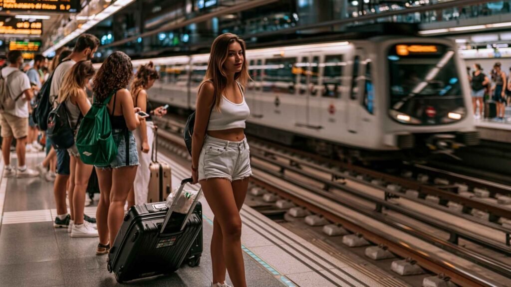Travelers using Metro L9 Sud during a Barcelona airport transfer at BCN Airport