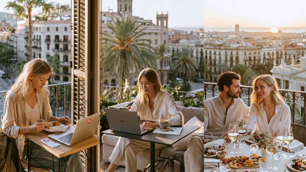 Different lifestyle budgets in Barcelona showing a digital nomad, remote worker, and couple enjoying everyday life in the city