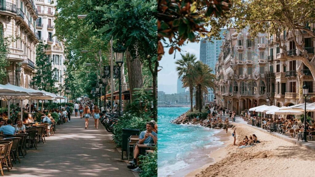 Split view comparing Barcelona neighborhoods with city boulevards, beach areas, cafés, and different local atmospheres