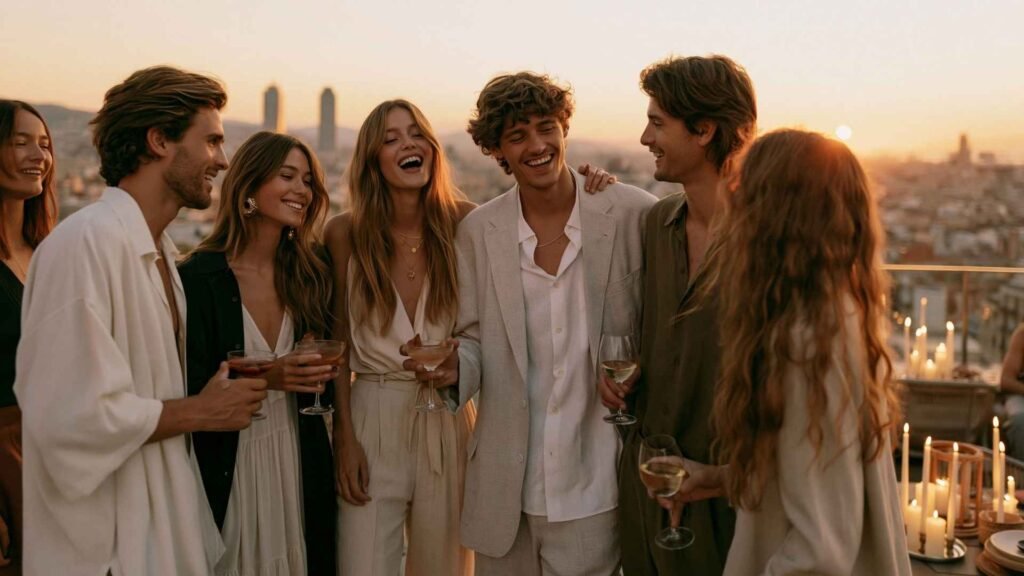 Stylish group of friends enjoying a rooftop evening party in Barcelona wearing elegant Mediterranean summer night outfits with relaxed tailoring and linen blazers