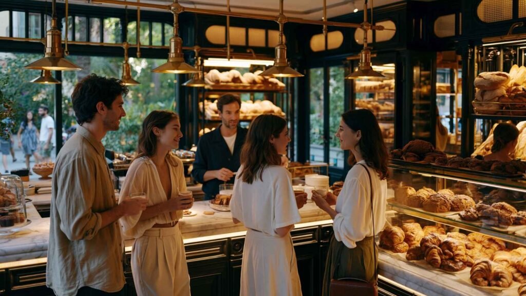 Barcelona breakfast culture inside a traditional bakery café in Sarrià with locals enjoying coffee and pastries during a quiet morning