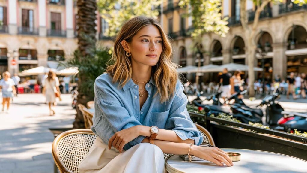 Stylish woman wearing relaxed summer outfit at an outdoor café in Barcelona
