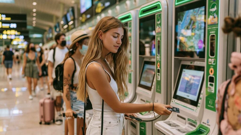 traveler buying Hola Barcelona Travel Card at airport ticket machine using contactless payment
