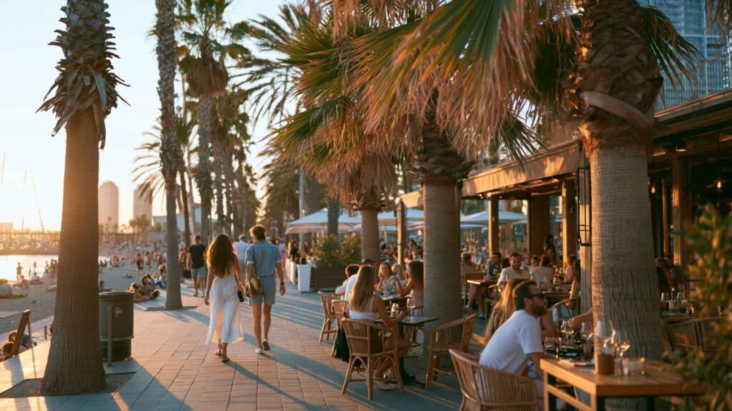 Couple walking along the Barceloneta beachfront promenade in Barcelona during sunset with palm trees and Mediterranean lifestyle atmosphere