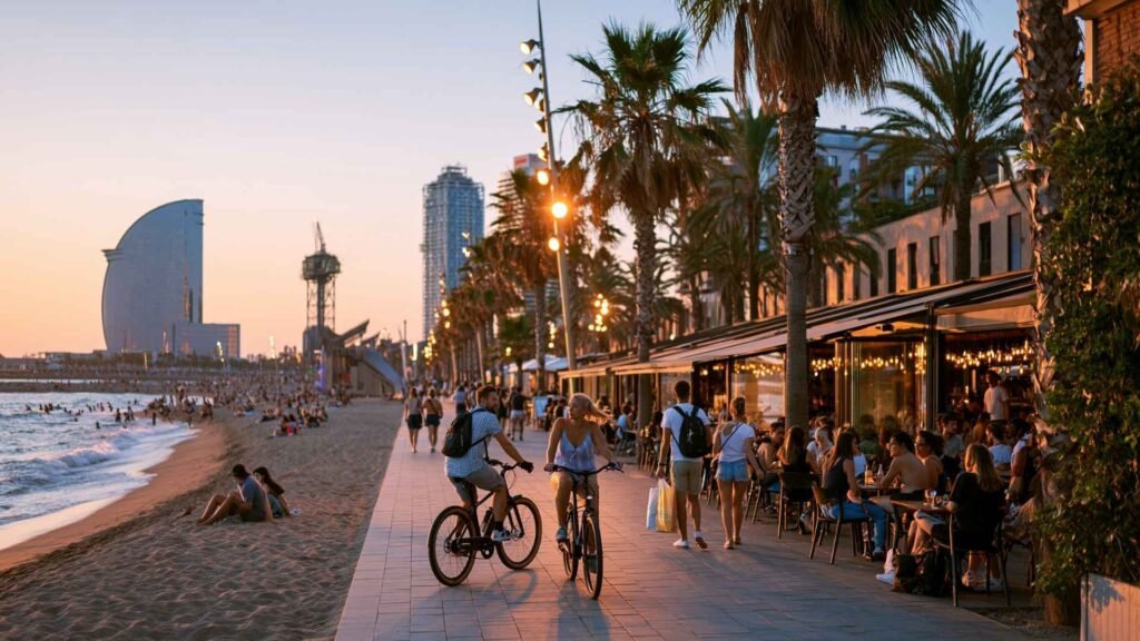Travelers cycling and walking along Barceloneta promenade during sunset beside beach restaurants and the Mediterranean coast