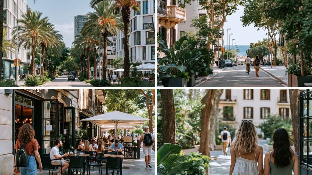 Palm-lined streets and beachfront neighborhood lifestyle in Barcelona with cafés and residential buildings