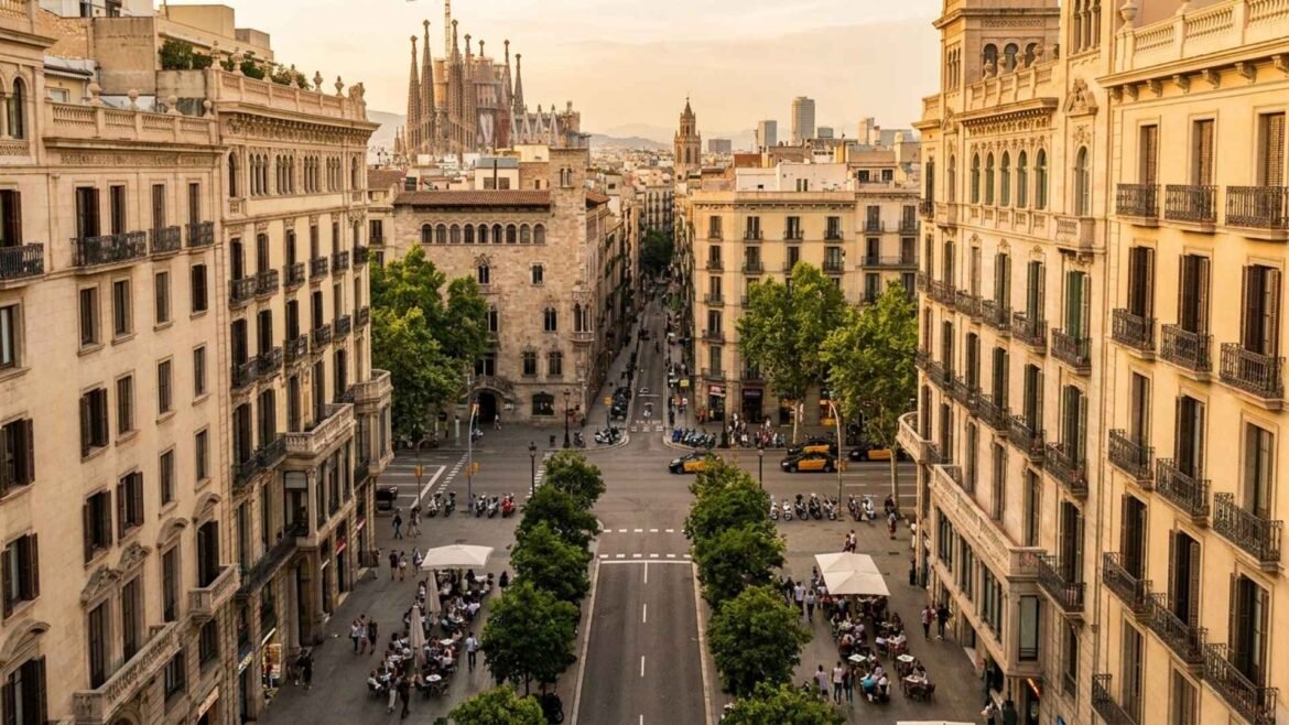 Best areas to stay in Barcelona with a view over central Eixample streets and Sagrada Família at sunset
