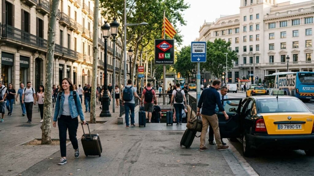 Different Barcelona airport transfer options near Plaça Catalunya including Aerobús, metro, and taxi access