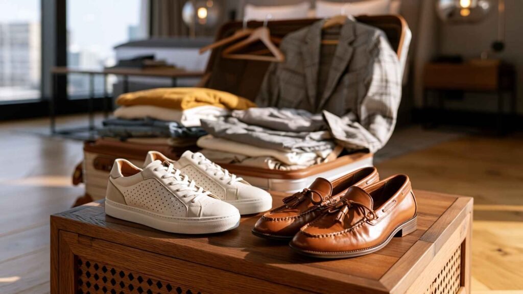 Minimalist travel shoes for packing light featuring versatile white sneakers and brown leather loafers beside an organized suitcase