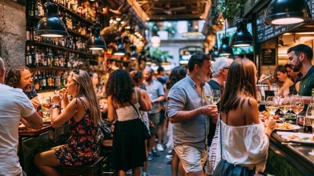 busy tapas bar barcelona locals eating drinking wine crowded restaurant atmosphere