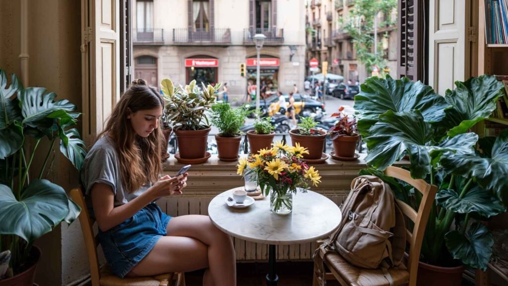 traveler buying Hola Barcelona Travel Card online using smartphone in a cafe in Barcelona