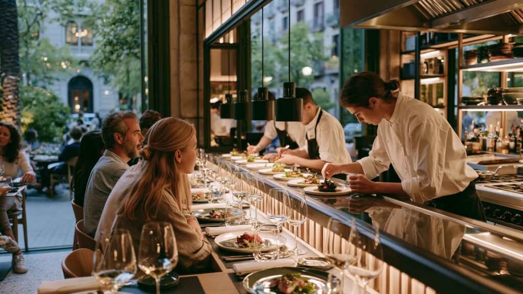 Bar Cañete Barcelona open kitchen fine dining experience with chef plating dishes at counter