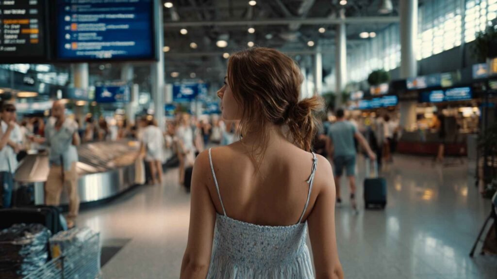 Self-transfer flights traveler moving through a modern airport terminal with carry-on baggage only