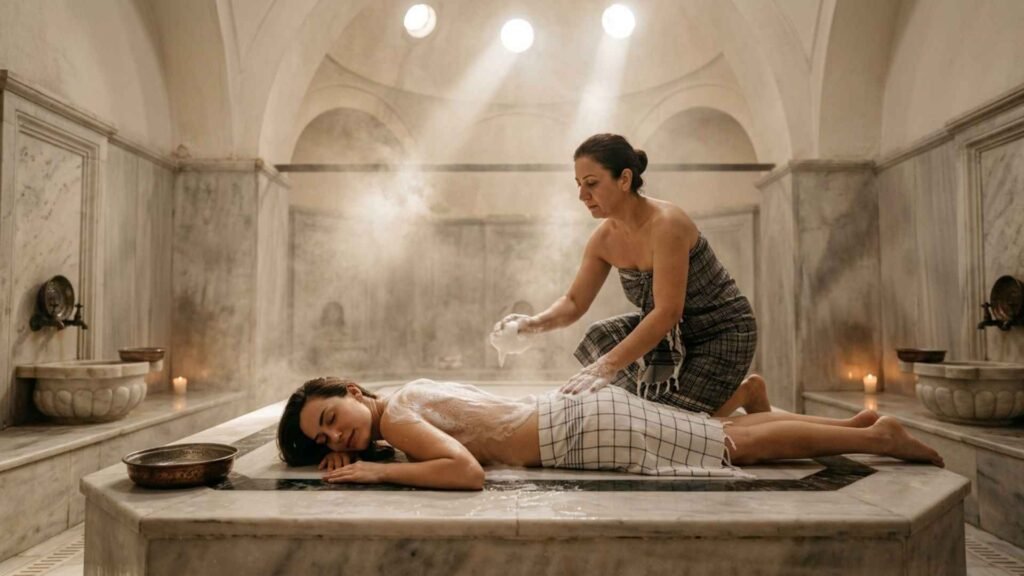 Traditional foam massage ritual inside Çemberlitaş Hamamı with a female hammam attendant performing a Turkish bath treatment on a heated marble platform in Istanbul