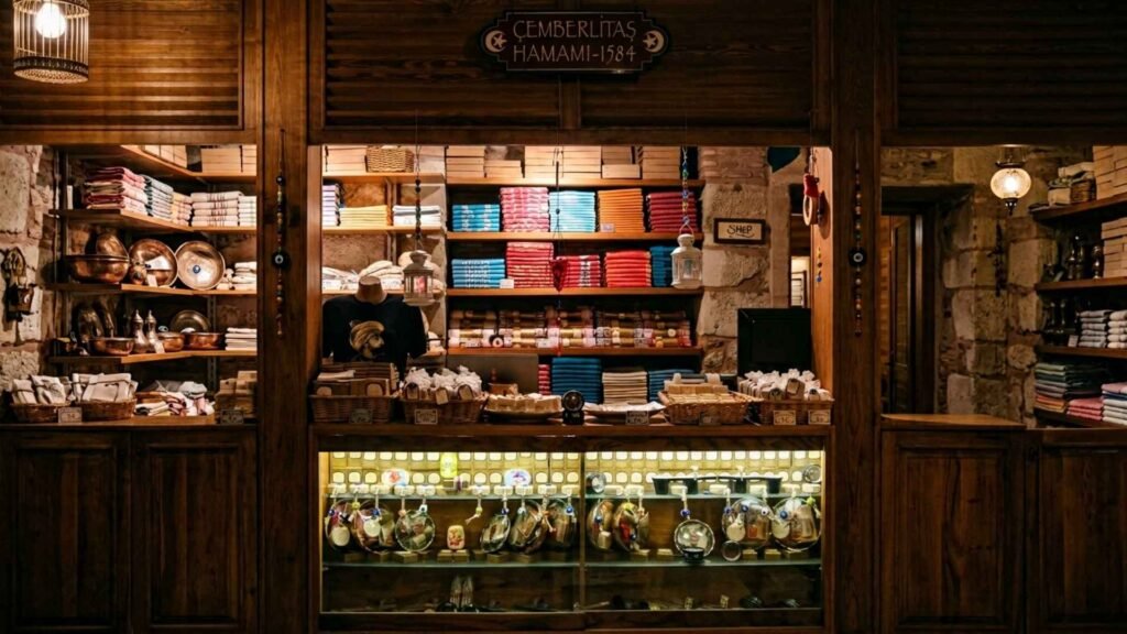 Traditional hammam shop inside Çemberlitaş Hamamı in Istanbul displaying peştemal towels, copper bowls, soaps, and Turkish bath accessories