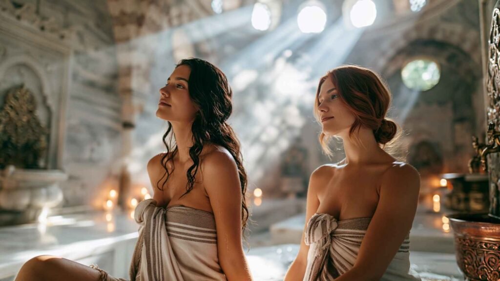 Women relaxing inside the steam-filled marble chamber of Çemberlitaş Hamamı beneath soft Ottoman dome light in Istanbul