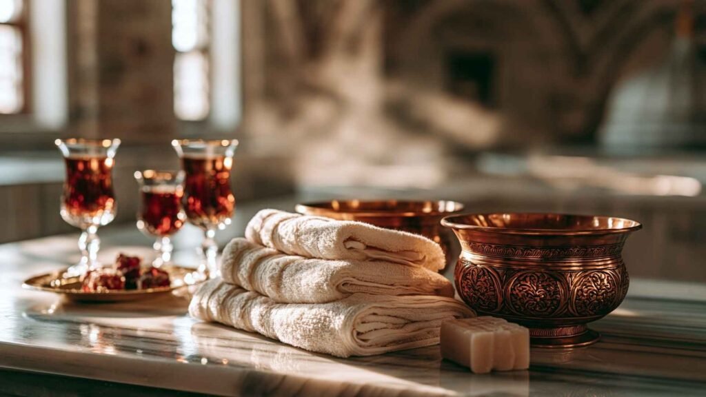 Traditional Turkish hammam essentials including copper bowls, towels, soap, and Turkish tea inside Çemberlitaş Hamamı in Istanbul