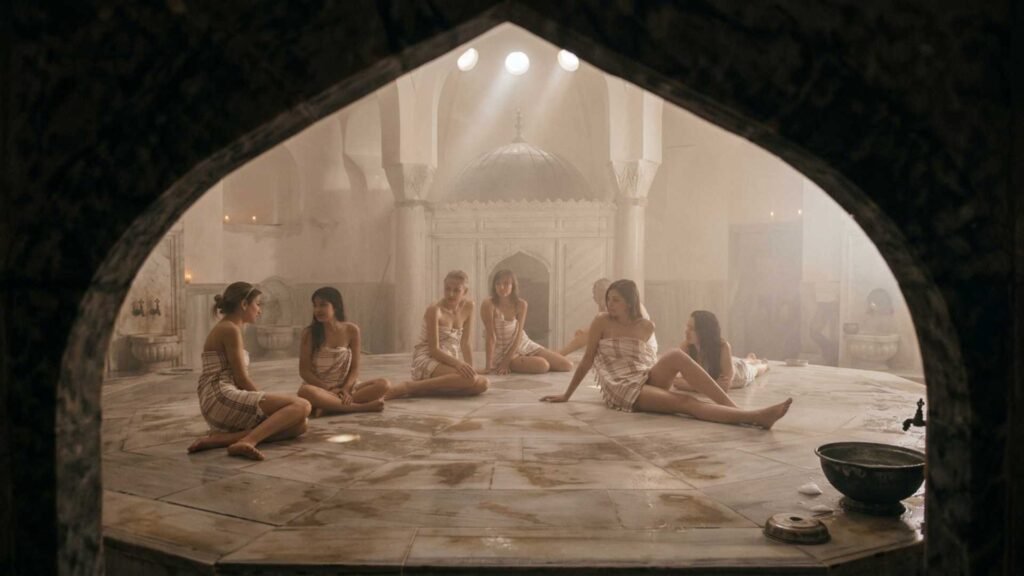 Women relaxing inside the steam-filled women-only section of Çemberlitaş Hamamı in Istanbul beneath soft Ottoman dome light