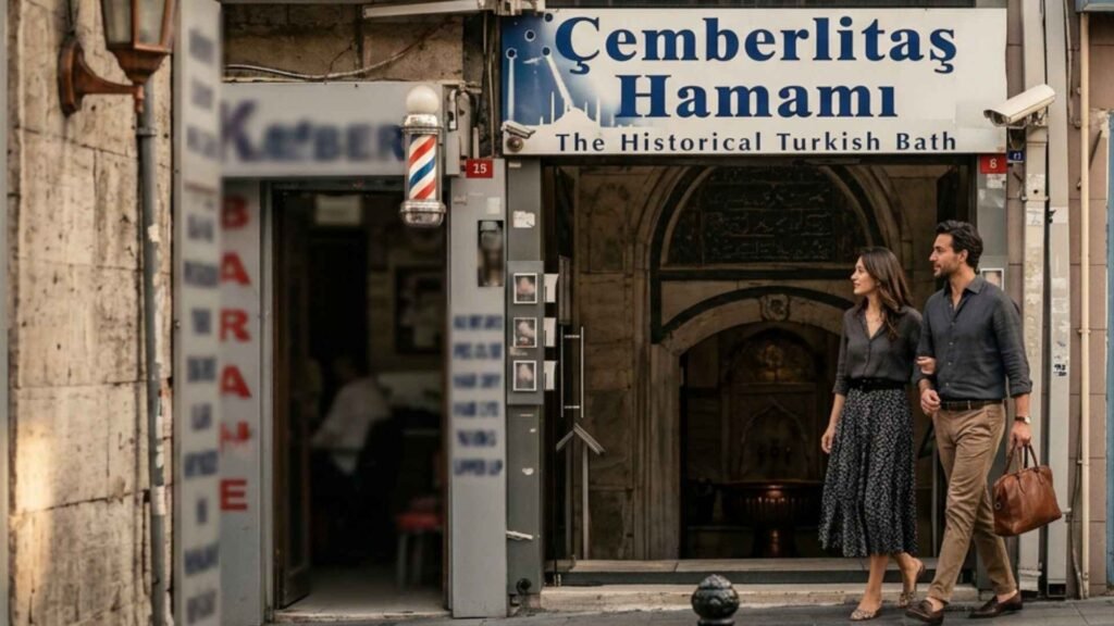 Exterior entrance of Çemberlitaş Hamamı beside the historic tram line in Istanbul’s Old City