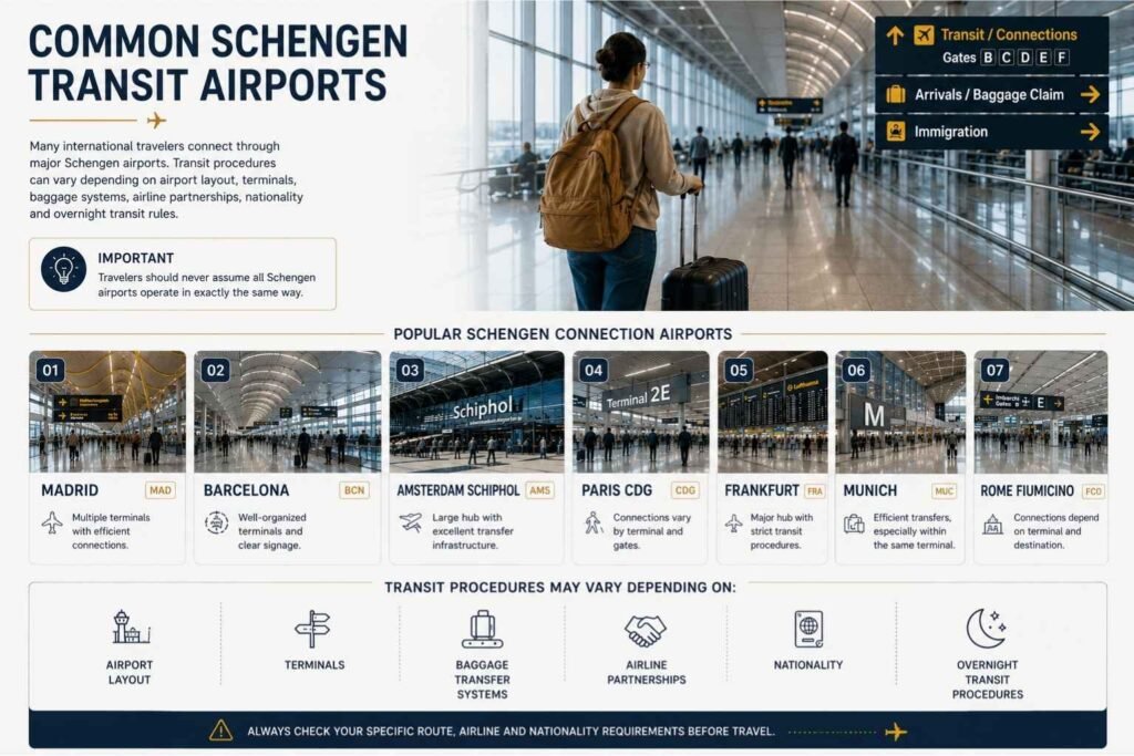 Infographic showing major Schengen transit airports including Madrid, Barcelona, Amsterdam Schiphol, Paris CDG, Frankfurt, Munich, and Rome Fiumicino with airport transit procedures explained