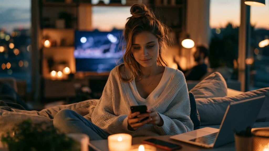 Young woman surrounded by multiple digital devices while passively scrolling on her phone at night