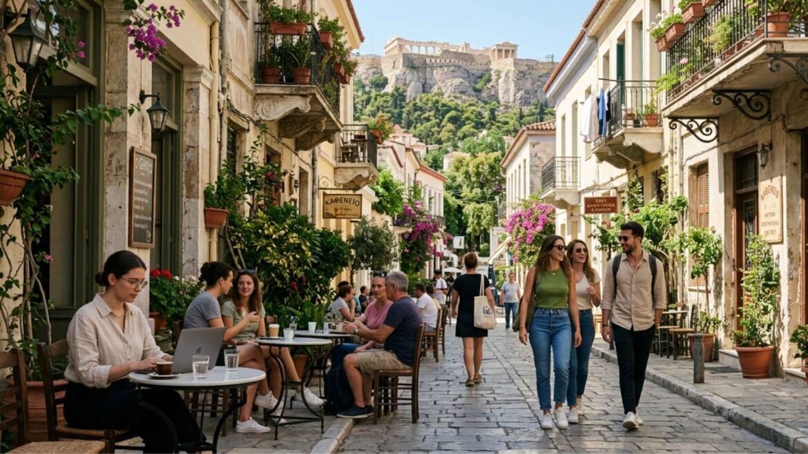 Cost of living in Athens lifestyle scene showing expats, local cafés, residential streets, and the Acropolis in the background