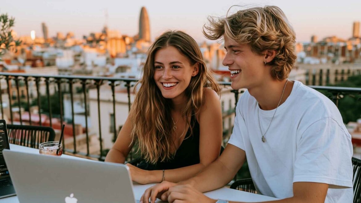 Cost of Living in Barcelona - Digital nomad couple working remotely from a rooftop apartment in Barcelona during sunset