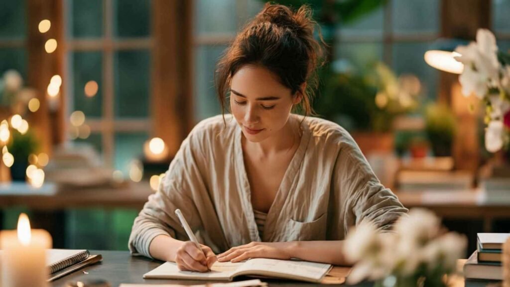 woman writing in notebook planning habits at desk with phone nearby
