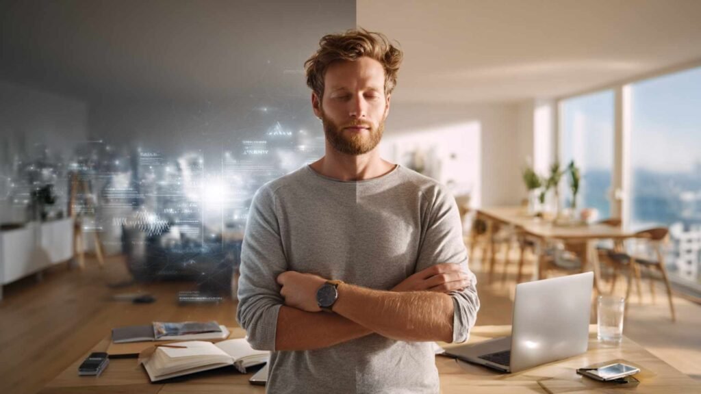 Man standing between a digitally overwhelming environment and a calm intentional workspace while deciding between short-term reset and sustainable digital habits.