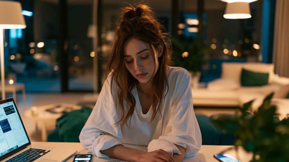 Digital Minimalism - Young woman sitting at a desk late at night feeling mentally exhausted from constant digital stimulation