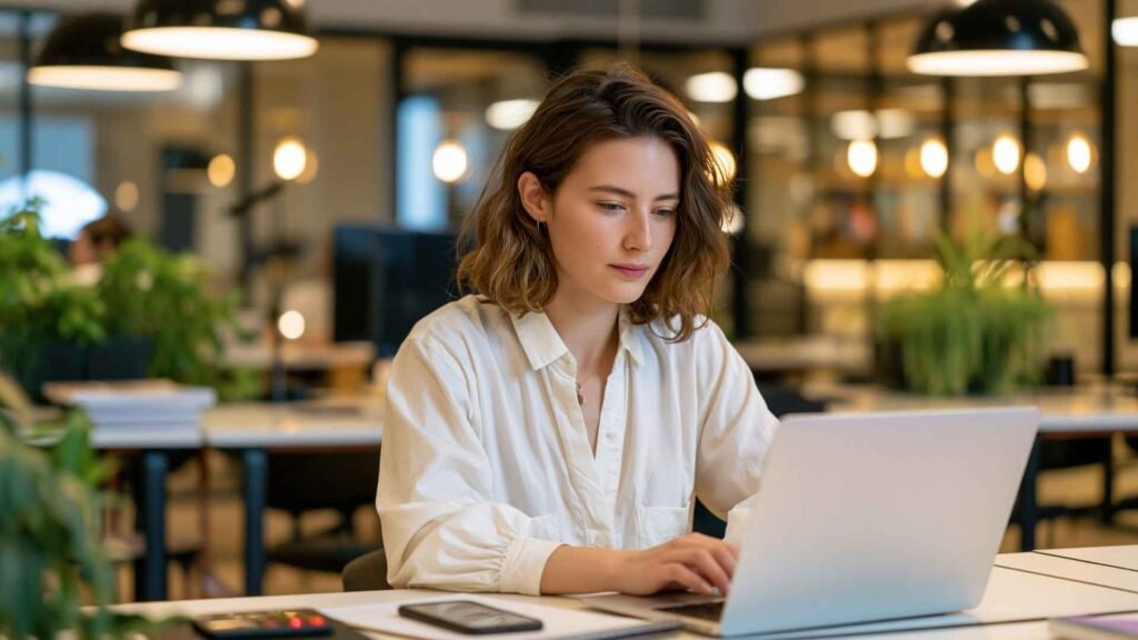 young woman working calmly on a laptop in a modern office with smartphone nearby during a digital minimalism work routine