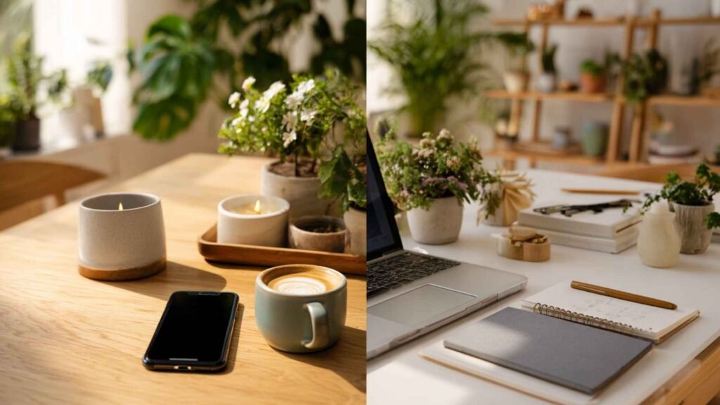 Digital minimalism and digital detox comparison showing a temporary digital reset setup beside an intentional minimalist workspace with controlled technology use.