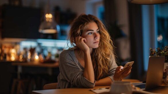 Digital minimalism vs digital detox concept showing a young woman sitting alone at night looking at her phone while experiencing mental overstimulation and fragmented attention.