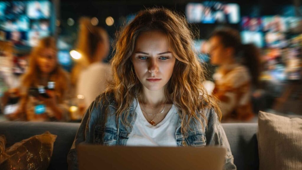 Woman sitting in front of a laptop while surrounded by blurred digital distractions and fragmented attention in a modern overstimulating environment.