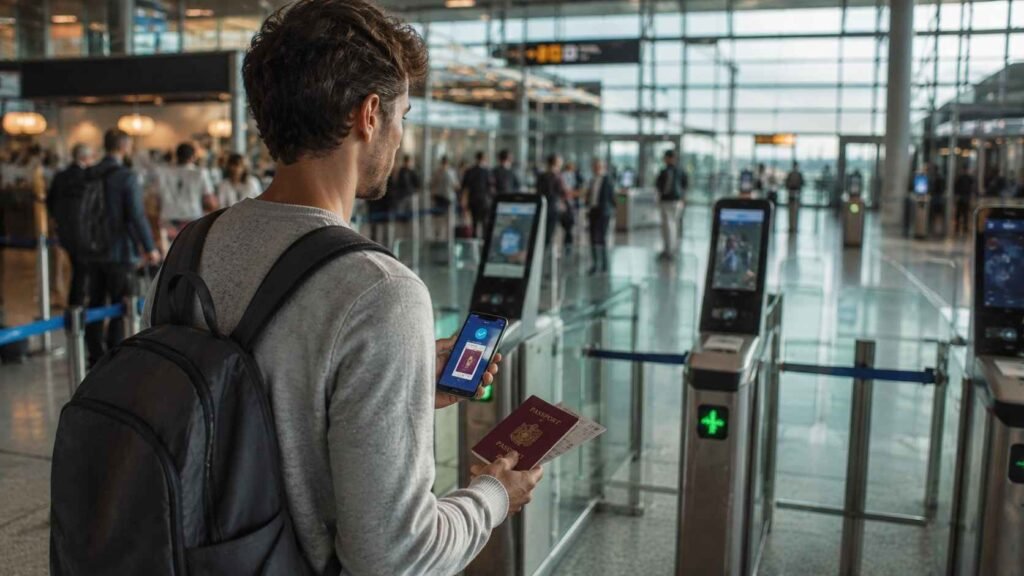 Traveler using both ETIAS travel authorization and EES biometric border gates in Europe