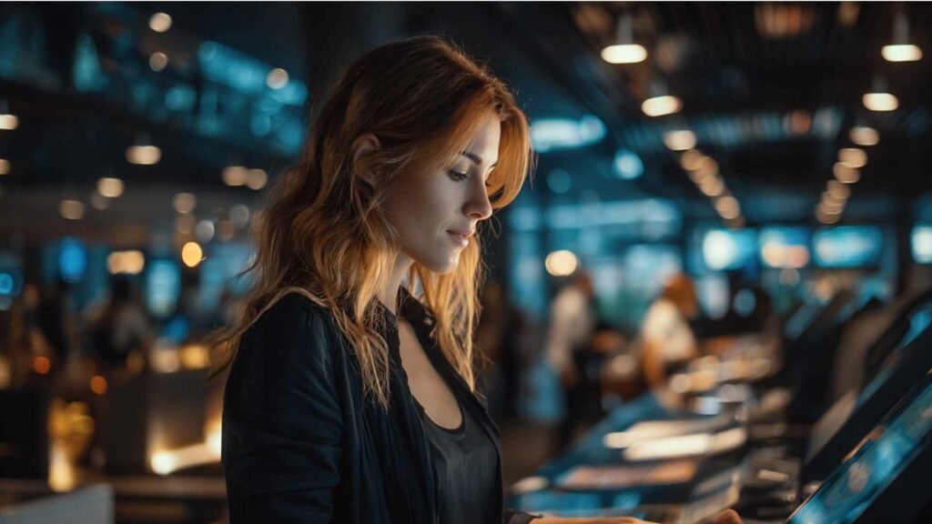 Traveler using a digital self-service immigration system at a modern European airport under the EES border control system