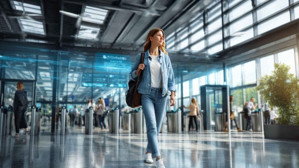 Traveler walking through a modern European airport with automated eGate border control and digital entry systems