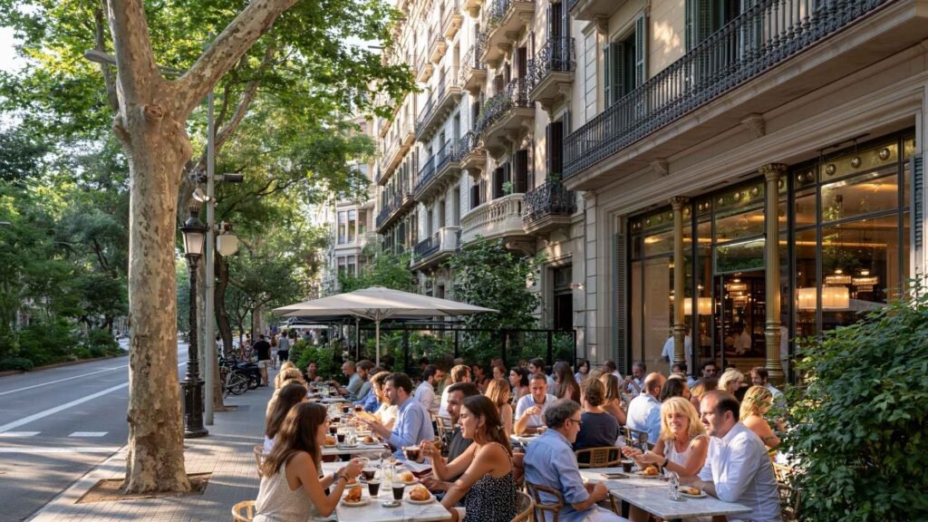 People enjoying breakfast and coffee at an elegant outdoor café terrace along a tree-lined boulevard in Barcelona’s Eixample neighborhood