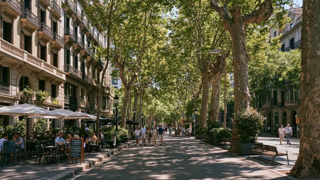 Eixample neighborhood in Barcelona with elegant residential buildings, tree-lined boulevard cafés, and walkable streets popular with expats