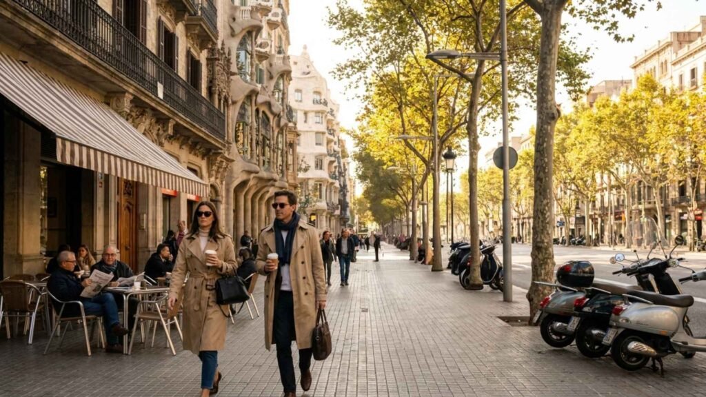 Best areas to stay in Barcelona featuring elegant Eixample boulevards and travelers walking near modernist architecture