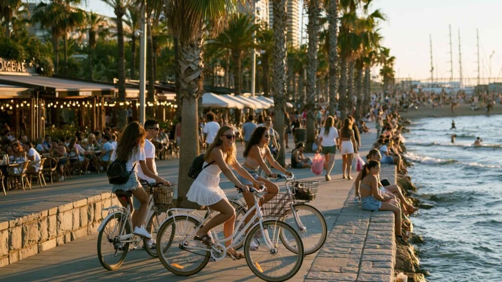 Travelers cycling and walking along Barcelona’s waterfront promenade during a warm evening near restaurants and nightlife areas