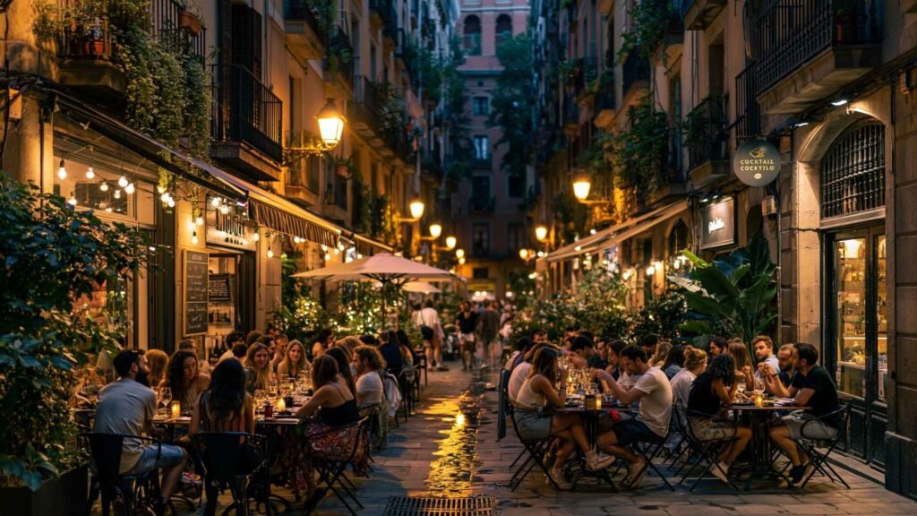 El Born nightlife scene with outdoor restaurants, warm street lighting, and social evening atmosphere in Barcelona