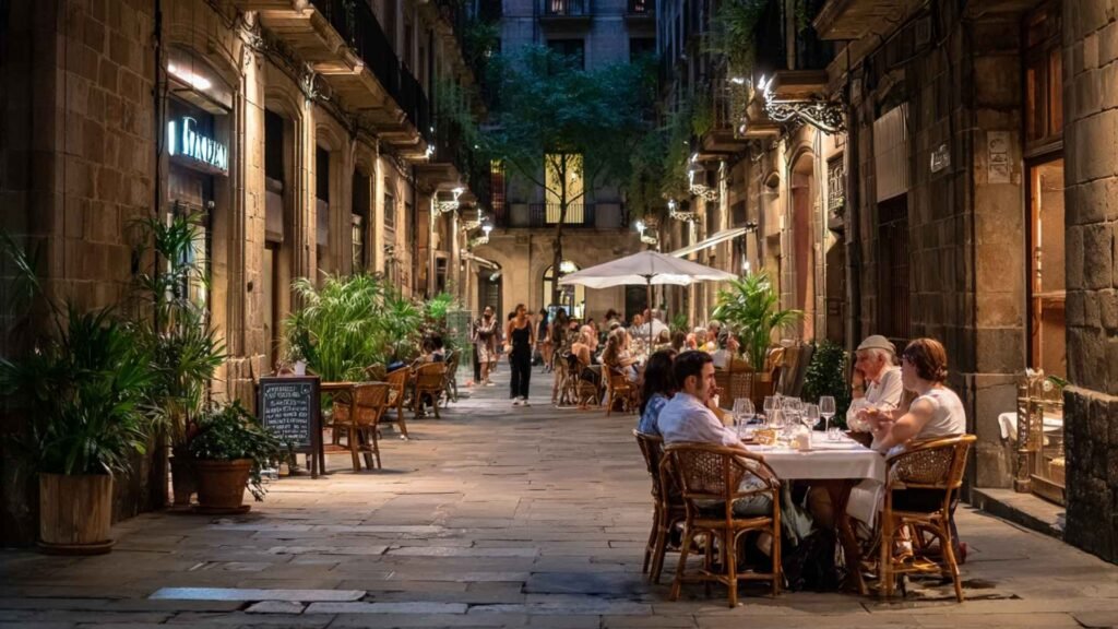 Locals dining on a quiet stone street in El Born Barcelona during a warm evening